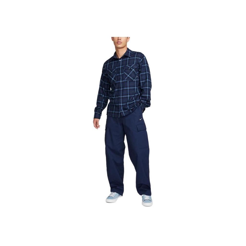Nike Plaid Print Soft Comfortable Skateboard Button Long Sleeve Shirt Men shirts Blue FN2568-410