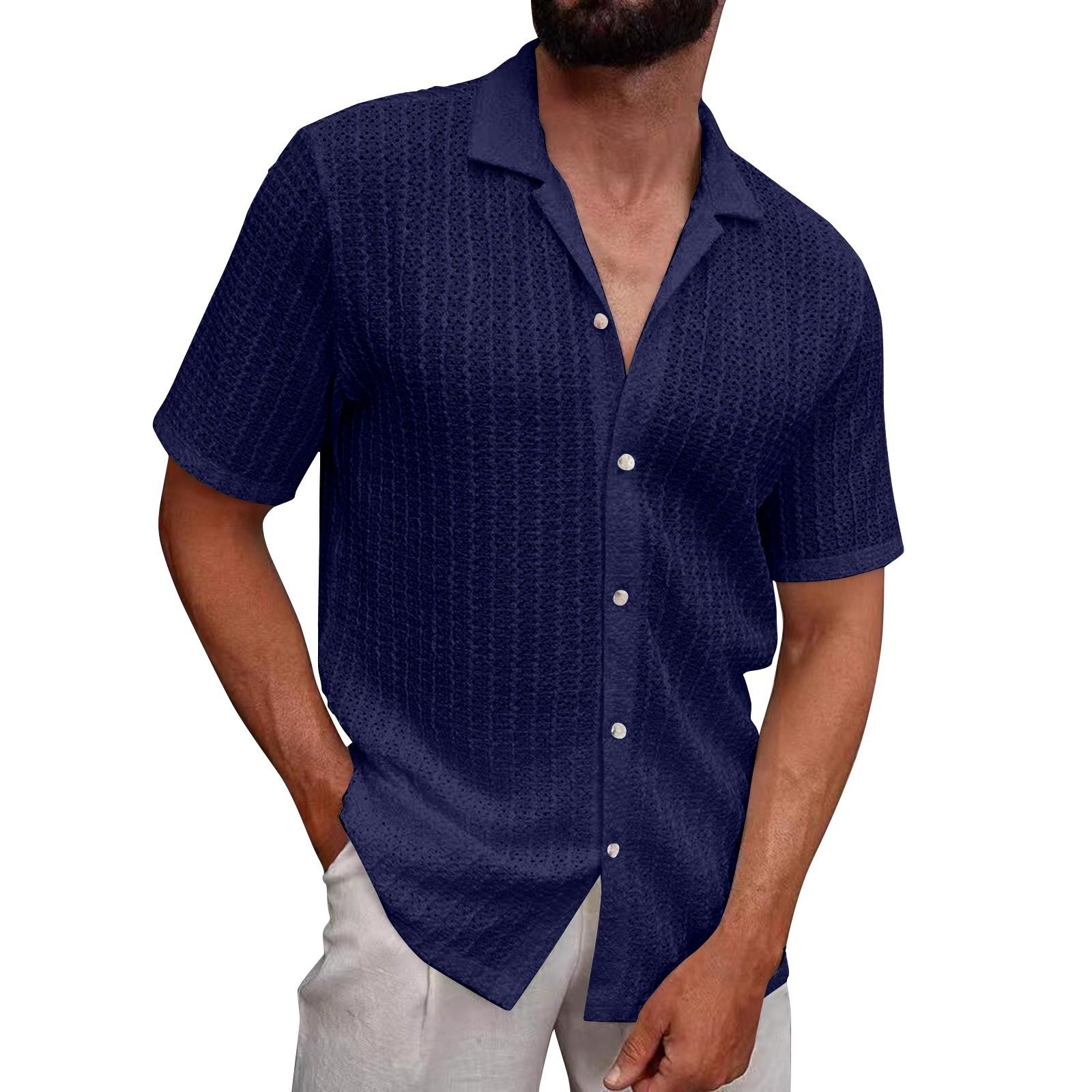 

Men s Summer Color Knitted Lapel Hollow Breathable Button Short-Sleeved Shirt S Темно-синій