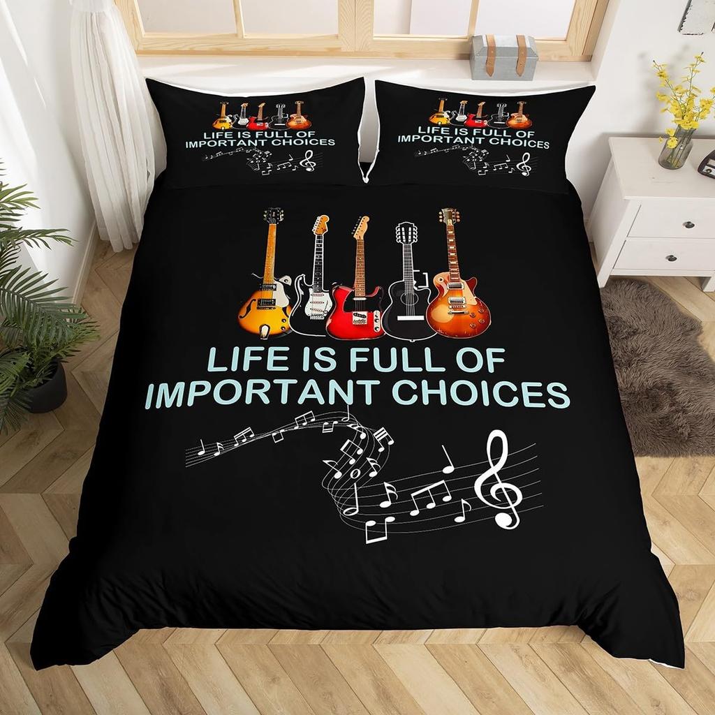 Guitar Duvet Cover Twin,Modern Music Themed Bedding Set Kids Cool Hip Pop Inspired Bed Cover,Musical Instrument Comforter Cover