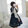 Lolita Long Sleeve Blouse High Waist Skirt Ribbon Tie Sailor Collar Claroli Costume Photo Shoot Cosplay Navy 4 Piece Set [Lady Lazy] (S)