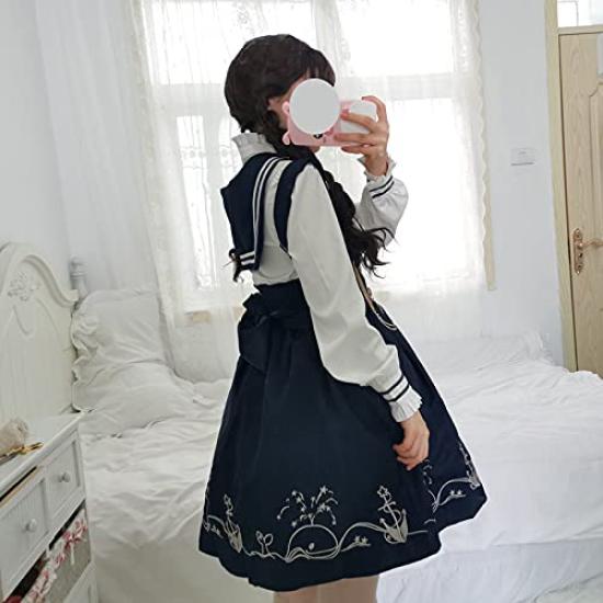 Lolita Long Sleeve Blouse High Waist Skirt Ribbon Tie Sailor Collar Claroli Costume Photo Shoot Cosplay Navy 4 Piece Set [Lady Lazy] (S)