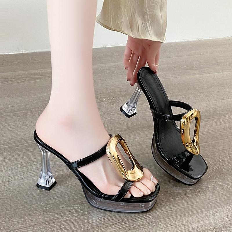 High-heeled Sandals Women's Square Head Open Toe Metal Buckle Hollow Waterproof Table Non-slip Slippers