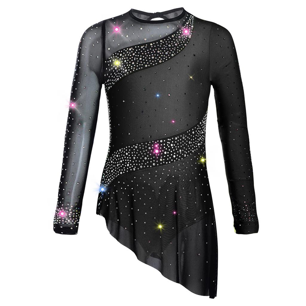 Girls Gymnastics Costume Long Sleeve Sheer Mesh Design Patchwork Sparkling Rhinestones Color Block Leotard
