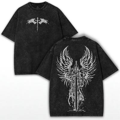 American Style Angel Printed T-shirt Gothic Y2k Vintage Washed Oversized T Shirt For Men's Clothing Short Sleeve Top