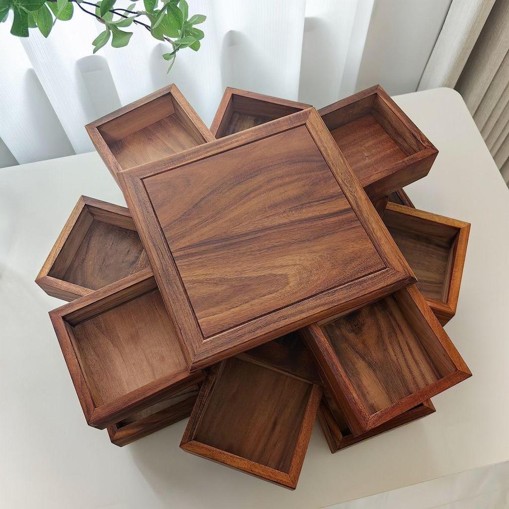 South American Walnut Rotating Puzzle Box for Tea Set & Jewelry Storage