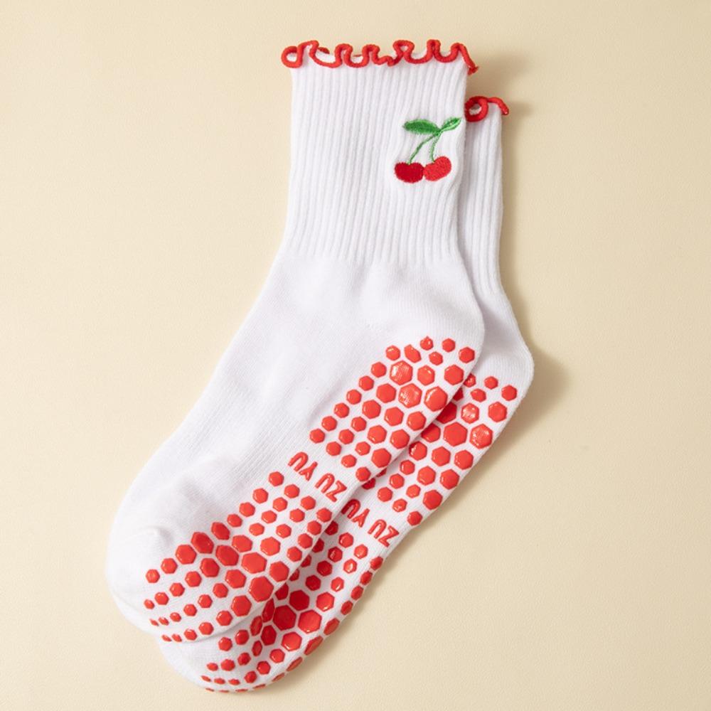 

Носки для йоги с вышивкой вишни, силиконовые противоскользящие носки для пилатеса, новые спортивные носки, женские вишня/белый