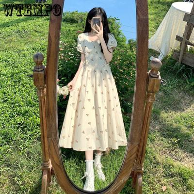 Damen Kleid mit Puffärmeln und Blumenmuster, literarisches Retro-Kleid mit taillenumspielendem Temperament, A-Linie, langer Rock, Puffärmel, eckiger Ausschnitt