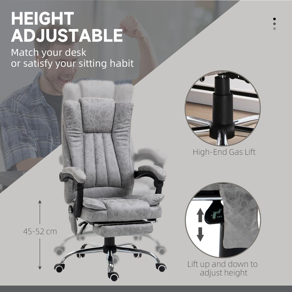 Office Chair with Massage and Heat, Microfibre Reclining Computer Desk Chair with Footrest and Adjustable Height, Swivel Wheels for Home Office, Grey