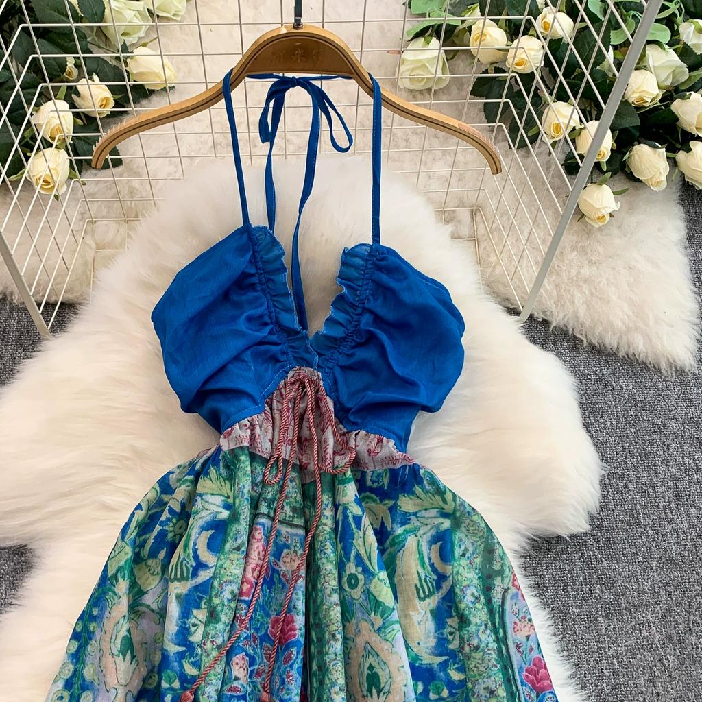 Summer Women Sexy Halter Open Back Print Long Maxi Holiday Beach Dresses