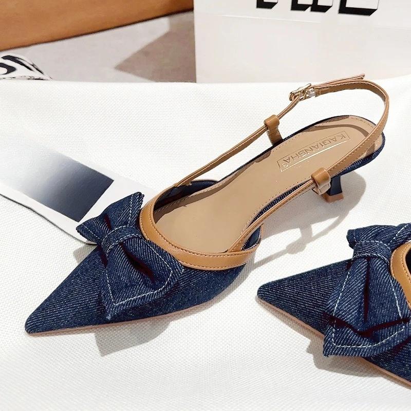 Fashion Bow Pointed Toe Heeled Sandals Women's Mid Heels Mules Shoes Elegant Fashion Party Slippers Sexy Pumps Cowboy Ladies Shoes