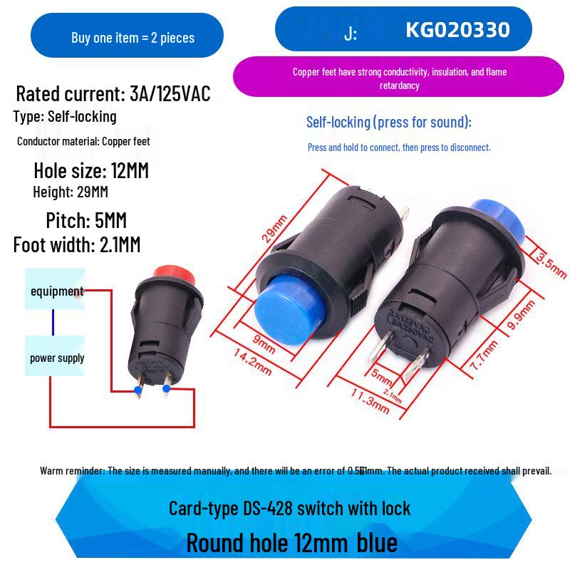 Round Button DS-427/428 Pushbutton Switch: 12-Unlocked, Self-Resetting, Locking/Momentary 