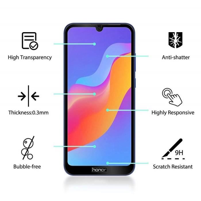 Härdat glas - Phonillico® - Huawei HONOR 8A - Svart kant - Reptåligt - Skärmskydd