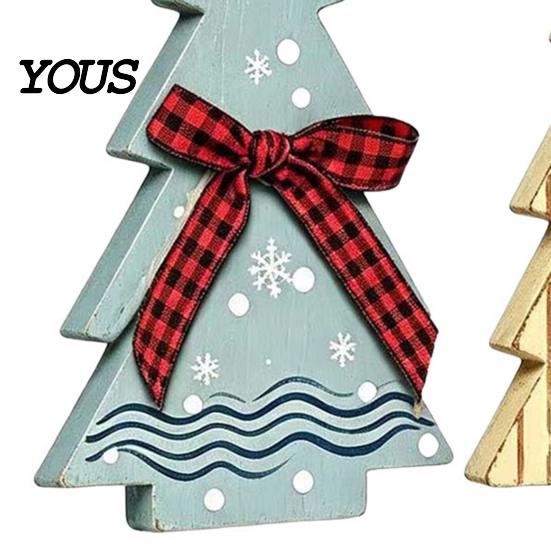 Rustic Christmas Tree Tabletop Ornaments 3Pcs Wooden with Plaid and Hemp Rope Bow, Farmhouse Indoor Decorations for Fireplace Polka Dot Xmas