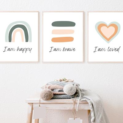 Quotes Happy Brave Loved Wall Art Canvas Painting Positive Affirmation Posters Nursery Print Nordic Pictures for Kids Room Decor