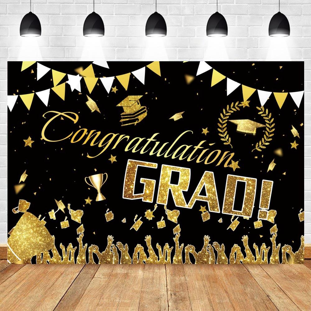 Golden Flash Black Balloon Banner Photography Background Cloth, Congratulations Graduation Ceremony Evening Photography Backdrop