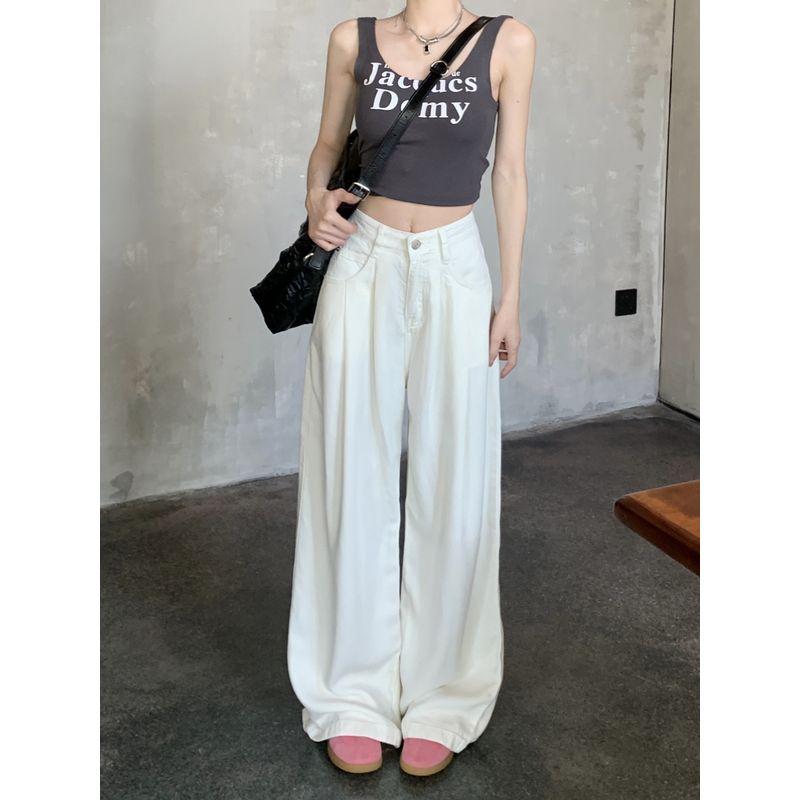 White Loose Summer High Waist Drape Mop Wide Leg Pants