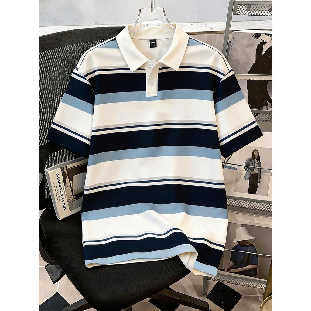 Casual Striped Short-sleeve Polo Shirt, Comfortable and Versatile for Daily Wear.