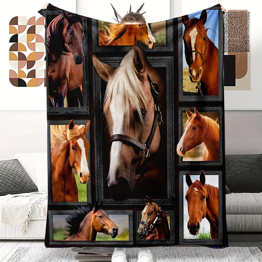 Top Pick Horse Print Flannel Blanket - Super Soft Lightweight Machine Washable Sofa Travel Gift
