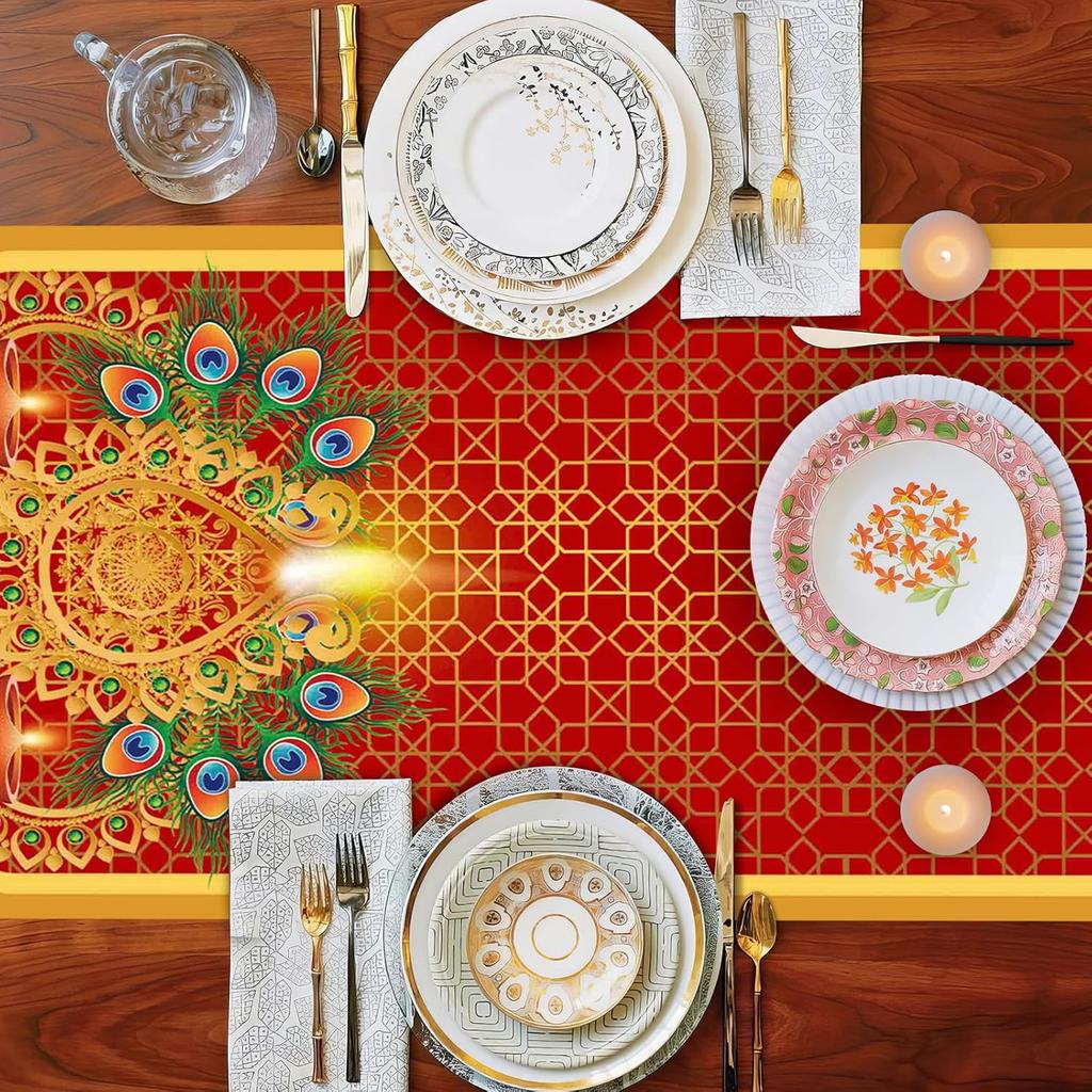 Diwali Table Runner,Red Gold Diwali Table Decoration India Deepawali Festival Table Runner Holiday Kitchen Dining Table Decoration for Home Party