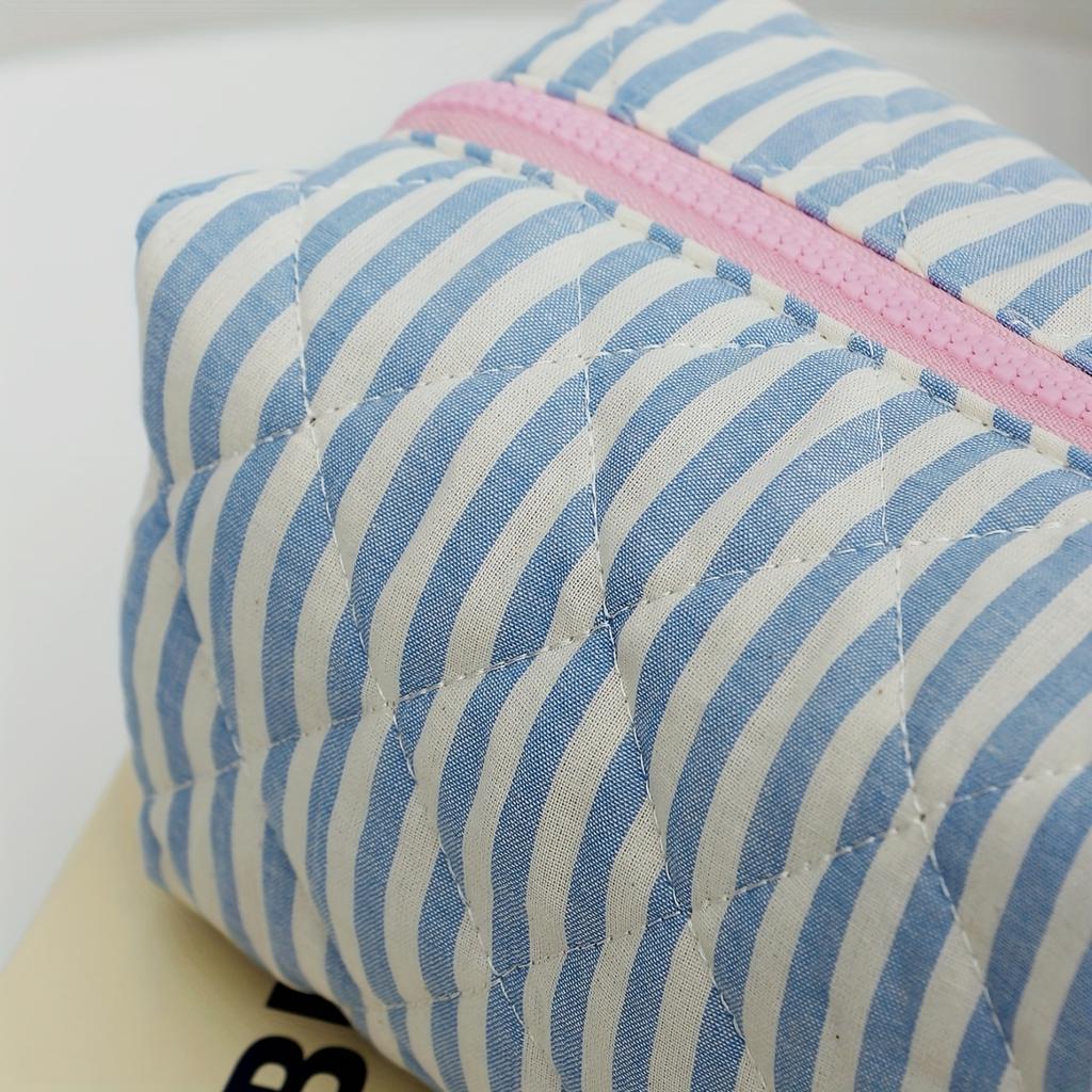 Blue Striped Quilted Women's Coin Purse - Casual Stylish Small Makeup Bag - Portable Travel Pouch for Sanitary Pads, Headphones, Earplugs, Lipstick