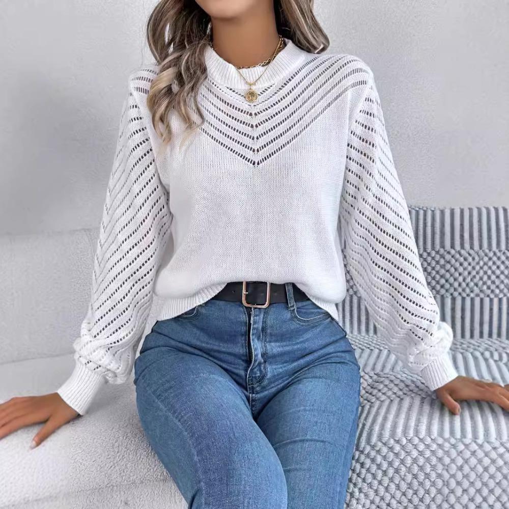 Neuankömmling Damen Sweatshirt Herbst/Winter Lässig Einfarbig Rundhalsausschnitt Schnürung Glockenärmel Pullover Damen Strickpullover