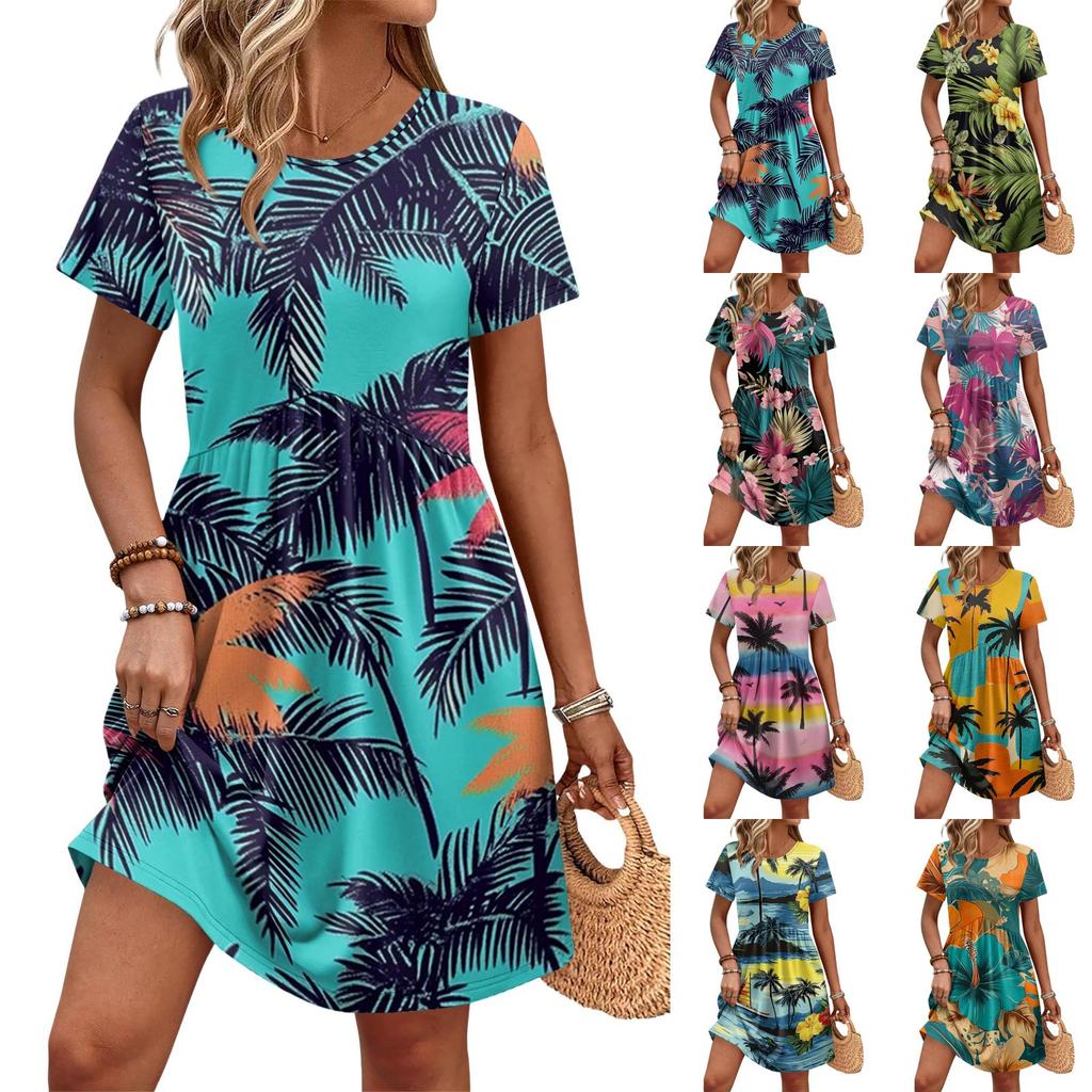 Women’s Short Sleeve Casual Dress with Leaf Print Loose Fit Crew Neck Soft Fabric Summer Style