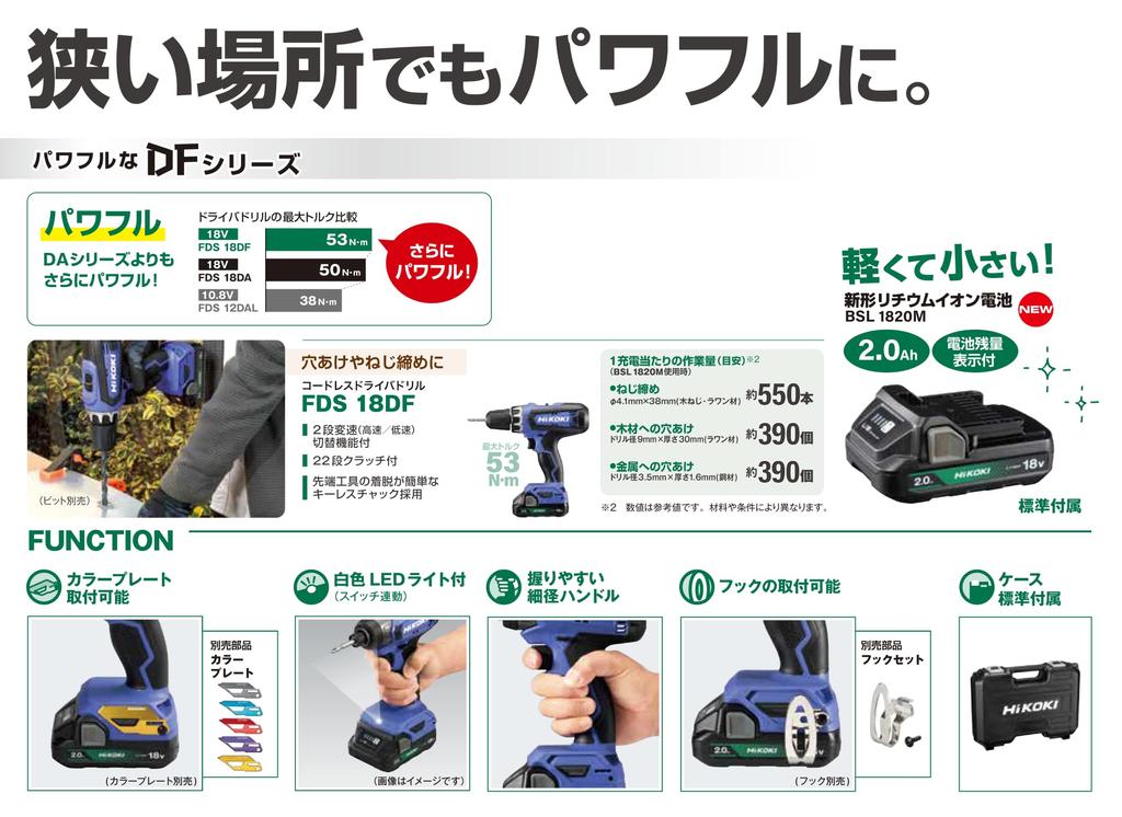 HiKOKI 18V Cordless Driver Drill with Battery x and Case Chuck, 1.5-13mm, 22-Speed Clutch, 2.0Ah 2, Charger, Included, FDS18DF(2BG)