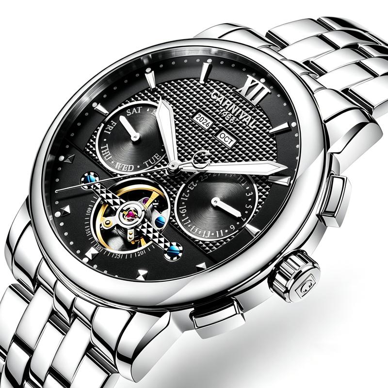 CARNIVAL Orologi Meccanici Automatici Calendario Perpetuo Sportivi Uomo Acciaio Completo Lusso Tourbillon Orologio Luminoso Reloj Hombre