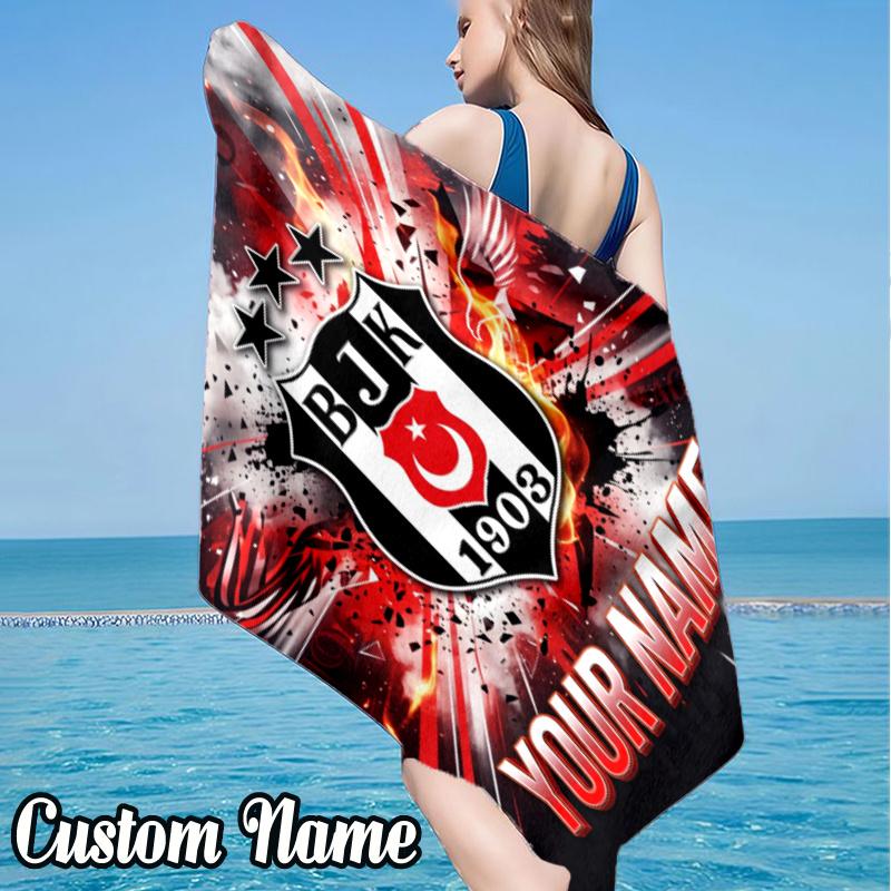 Custom Name BJK Football Crest Beach Towel - Soft, Ultra-Absorbent Microfiber, Lightweight, Perfect for Beach, Parties, Travel, Camping