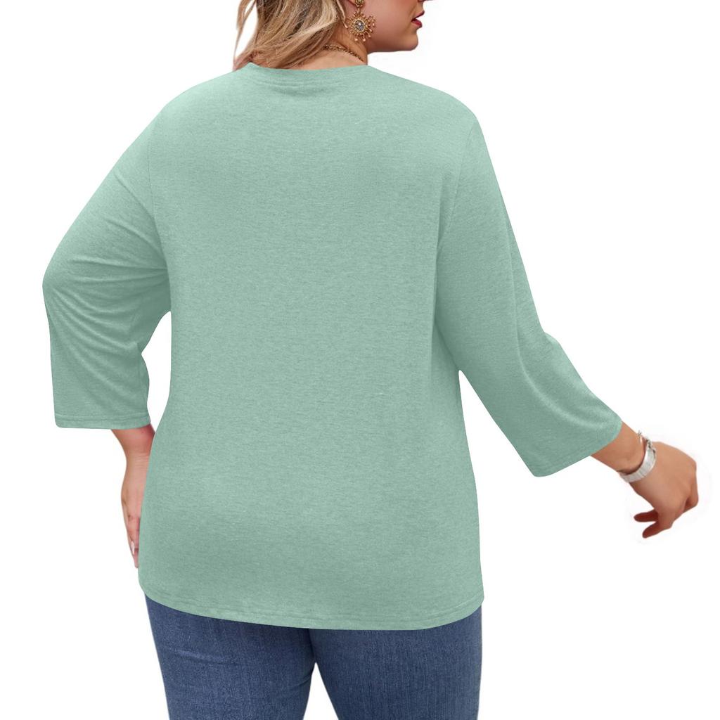 Women's Color Round Neck Plus Size Tops 3/4 Sleeves Elegant Shirt Tops