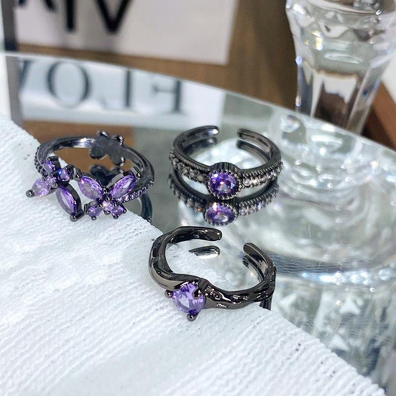 Dark Purple Diamond Zircon Colored Treasure Butterfly Opening Ring Personality Niche Punk Retro Advanced Sense Stacked Ring Woman