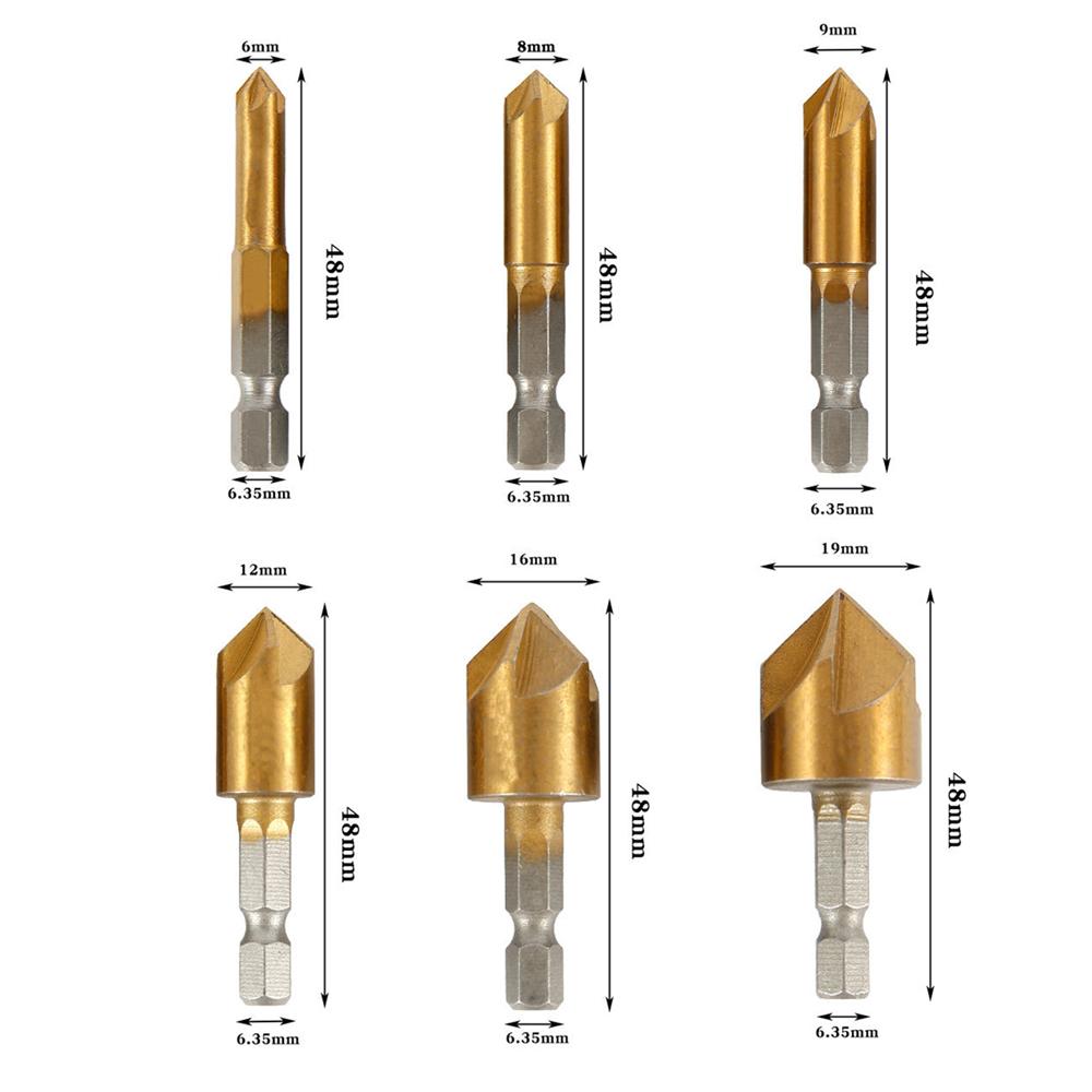 

6Pcs Hexagonal Handle Titanium Plated Chamfering Knife Countersunk Drill 6-19mm HSS Deburring Cutter Woodworking Spot Facer Tool