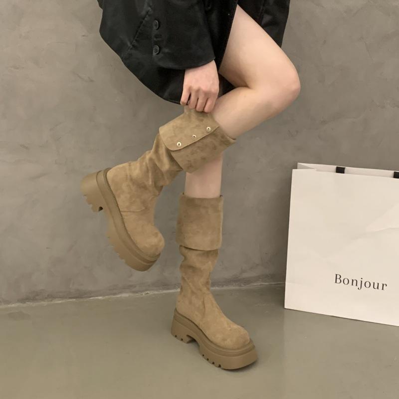 Korean Version of Fashion Two Wear Folded Platform Boots Children 2025 Autumn and Winter New Thick Heel Knee Knight Boots