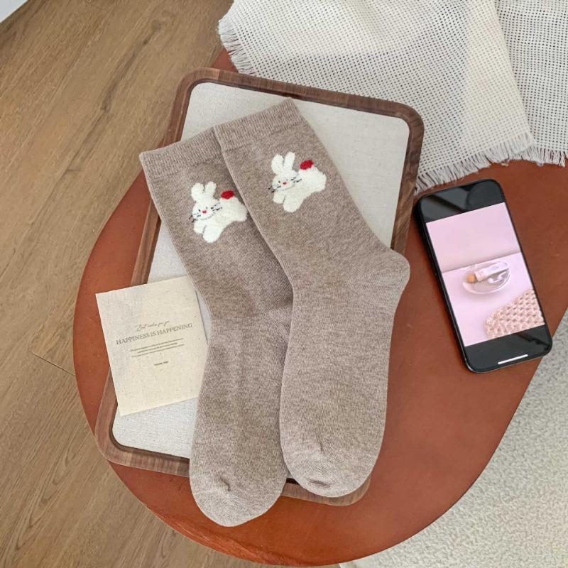 Ladies Autumn New Simple Assorted Cute Bunny College Style Breathable Sweat-absorbing Tube Cotton Socks