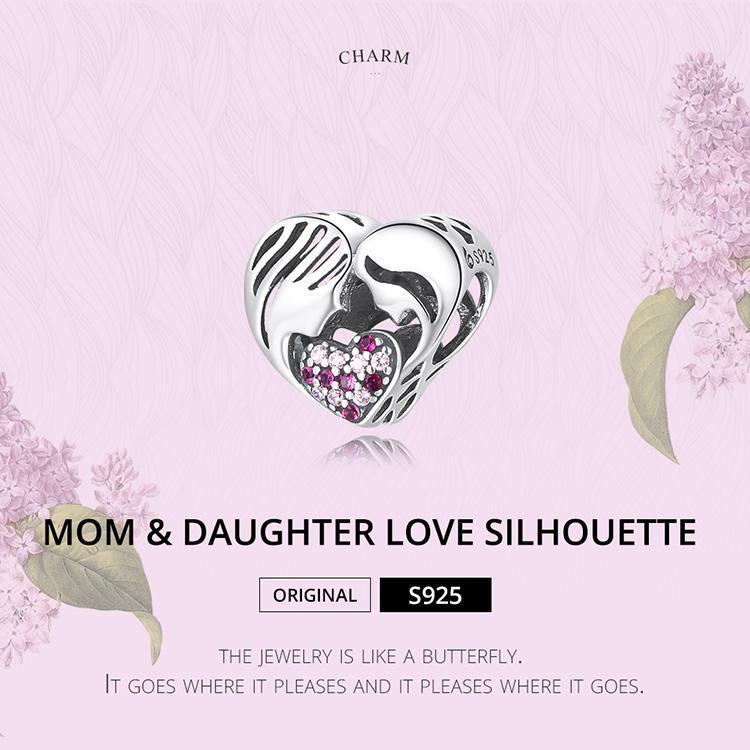BAMOER 925 Sterling Silve Charm Heat Mom Daughter Love Silhouette Zircon Fit Charms DIY Bracelets Bangles Women Jewelry