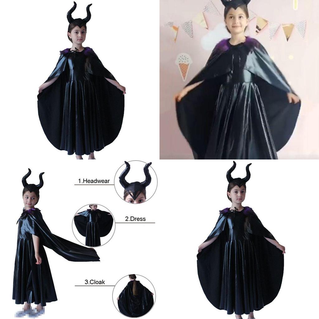 Captivating Maleficent Sorceress Evil Queen Girls Fancy Dress Halloween Costume With Horned Headwear