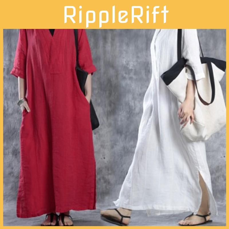 Women Simple Fashion Loose Baggy Long Maxi Dress Half Sleeve Split Plus Size For Effortless Elegance