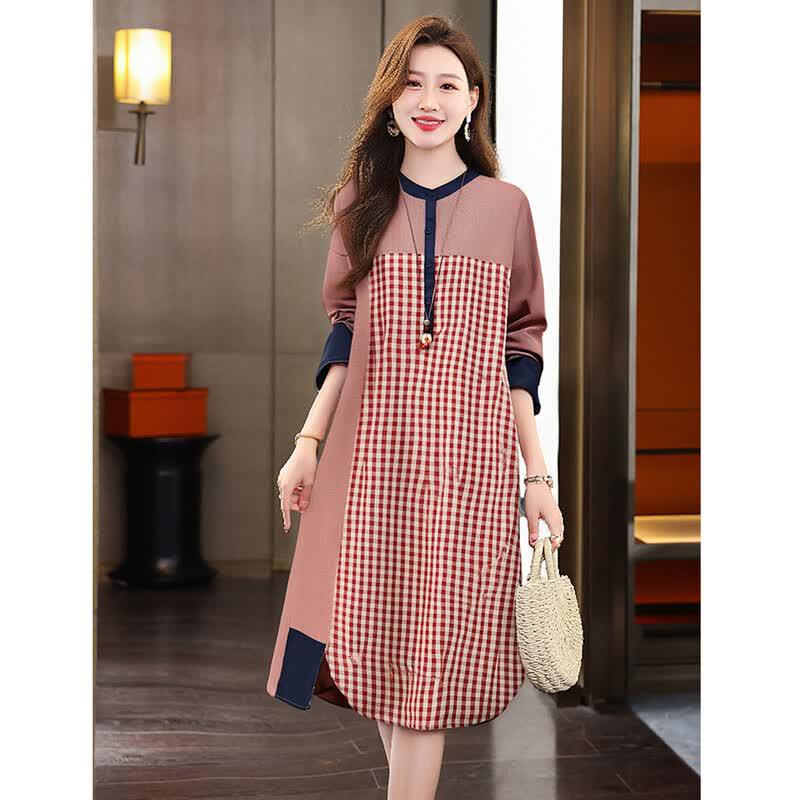 EST+II Women's Long Sleeve Plaid Patchwork Midi Casual Dress