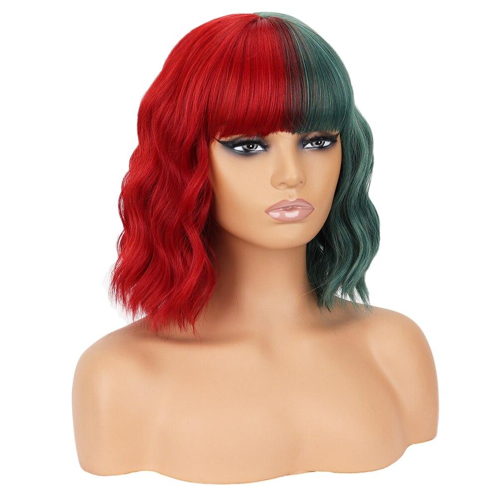 LISI HAIR Short Bob Wavy Red and Green Wigs with Bangs for Women Synthetic Fiber Material Cosplay Christmas Hair