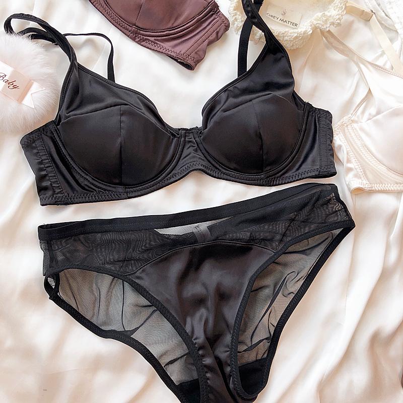 Conjunto de sujetador push up de seda de hielo para mujer, ropa interior cómoda y sexy con pechos pequeños, relleno desmontable, copa fina, sujetador, bragas íntimas