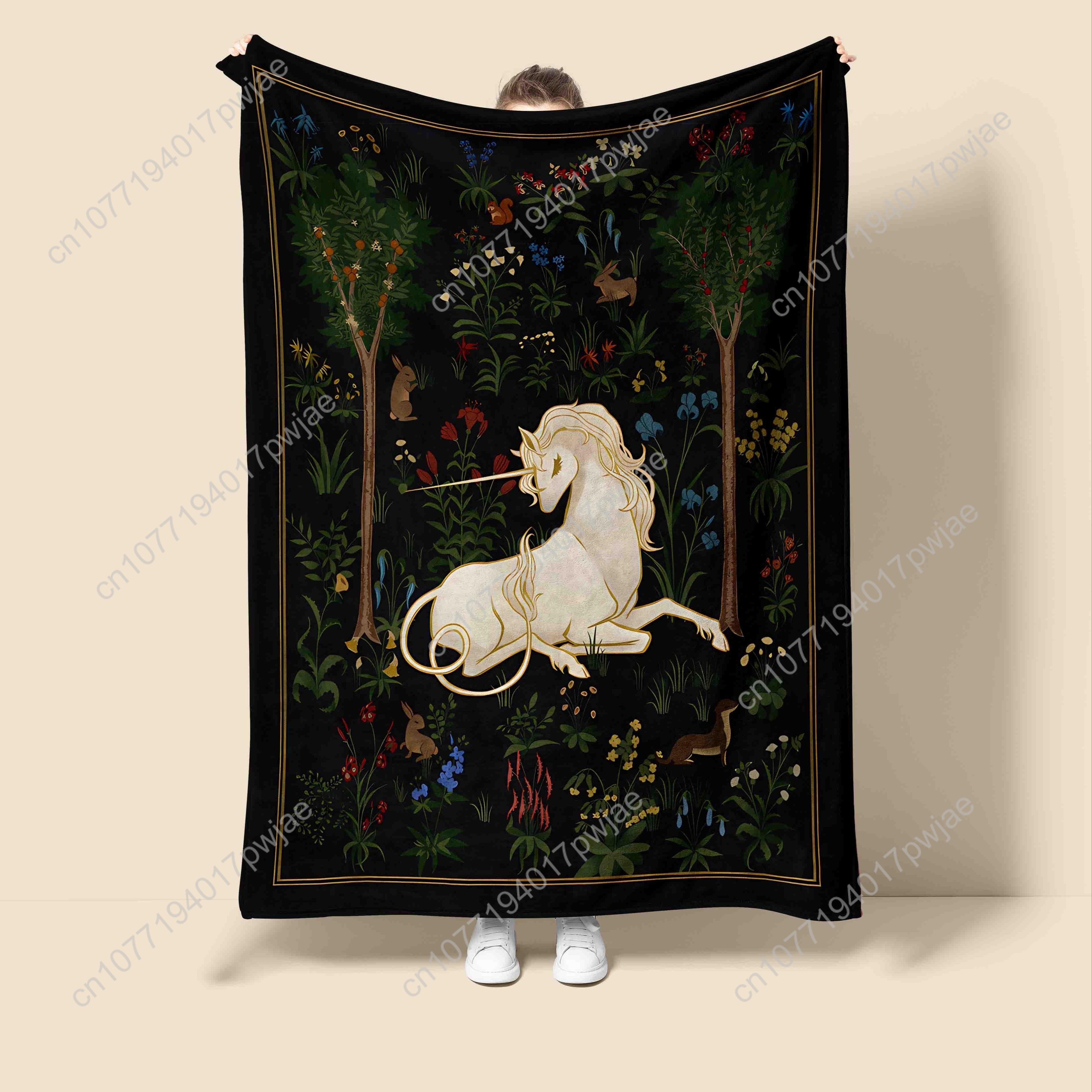 Enchanting Cartoon Unicorn Flannel Blanket - Multi-Color, All-Season, Machine Washable, Magical Forest & Floral Design, 1pc 75X95CM