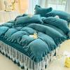 2024 hot solid color Korean version lace bed skirt kit flannel quilt cover thickened warm four-piece set