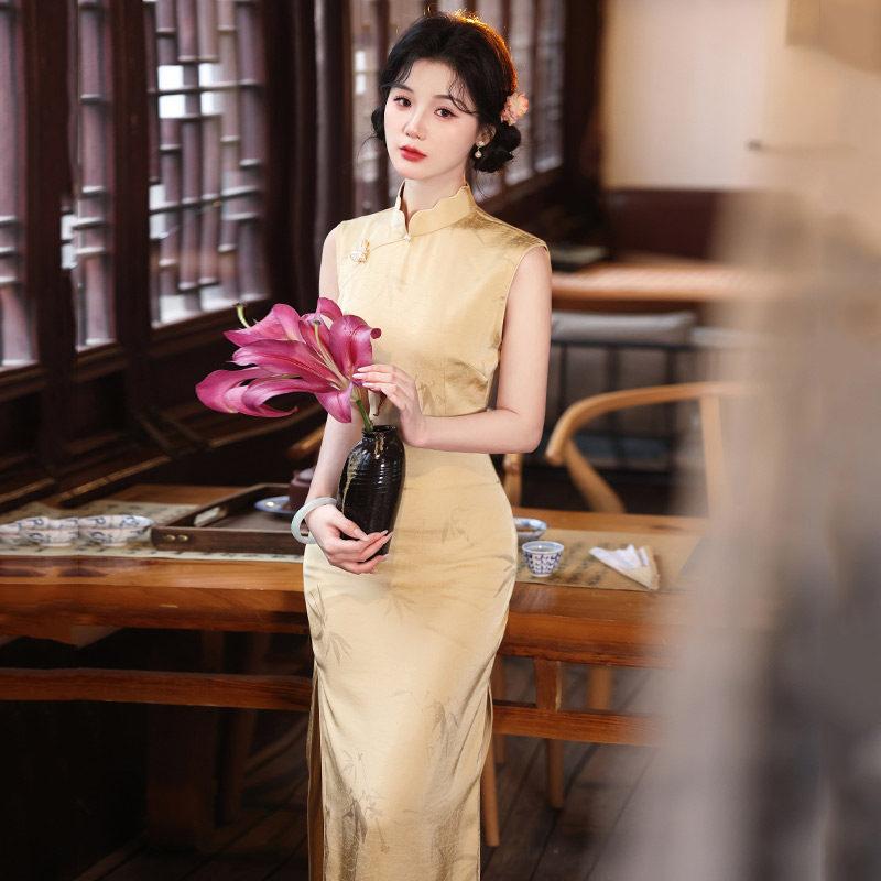 Yellow sleeveless national style new Chinese Suzhou long cheongsam improved young 1011 new women's high sense summer