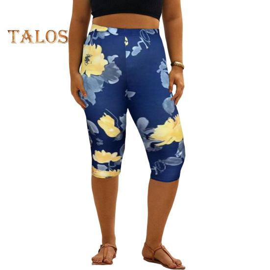 מכנסיים קצרים לנשים מותן גבוה אלסטי הדפס פרחים דיגיטליים אורך אמצע השוק מכנסיים צמודים מכנסיים קצרים