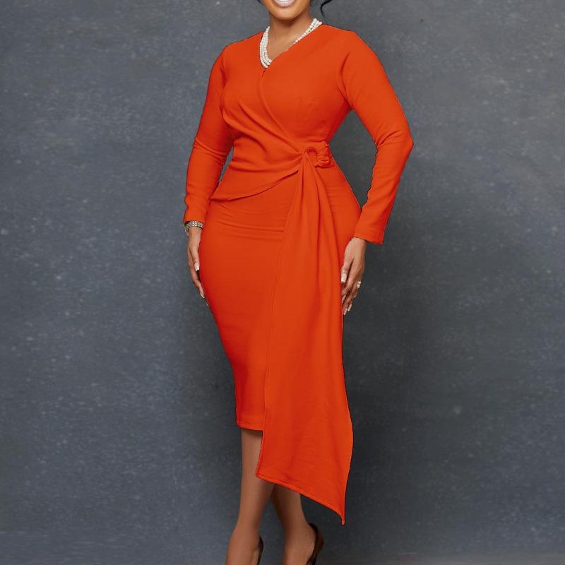 Women's Autumn Fashion Large Size V-Neck Long Sleeve Temperament Pencil Dress Dress