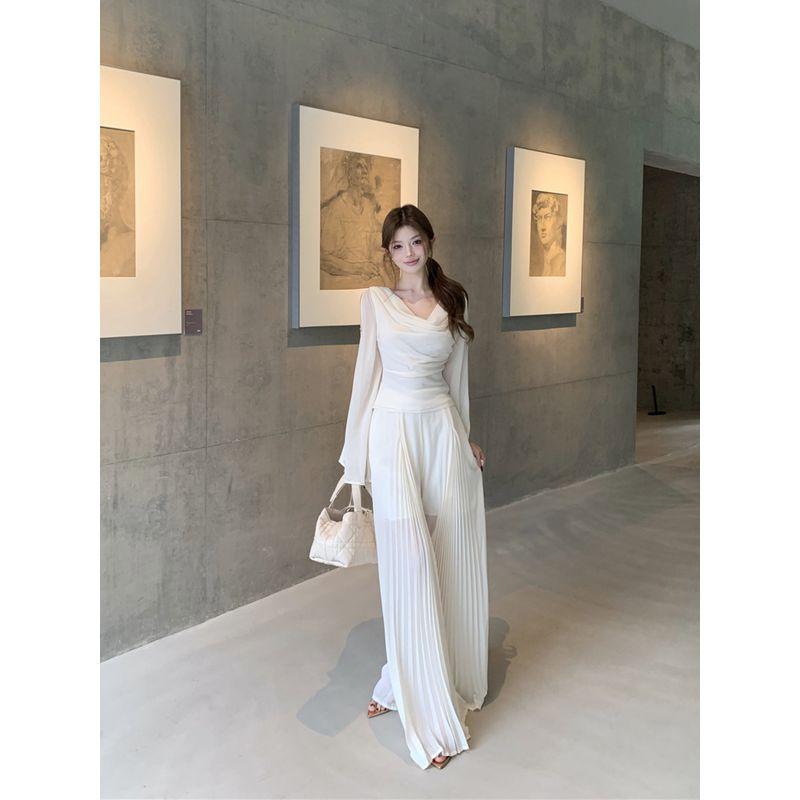 Kumikumi Fashion Suit Elegant Swing Collar Long Sleeves Shirt Women Fall High Waist Slim-Fit Wide-Leg Pants Two-piece Set