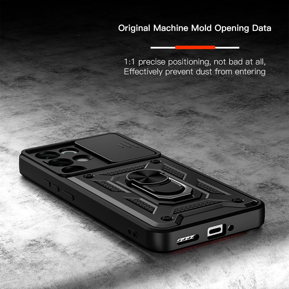 KEYSION Shockproof Armor Case for Realme C85 5G Slide Camera Lens Protection Ring Stand Phone Back Cover for OPPO Realme C85 Pro
