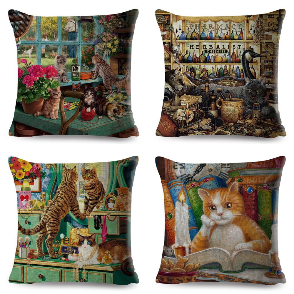 Cute Book Cat Party Cushion Cover Decor Cartoon Animal Pillowcase Printing Cojines Polyester Pillow Case  for Sofa Home 45x45cm