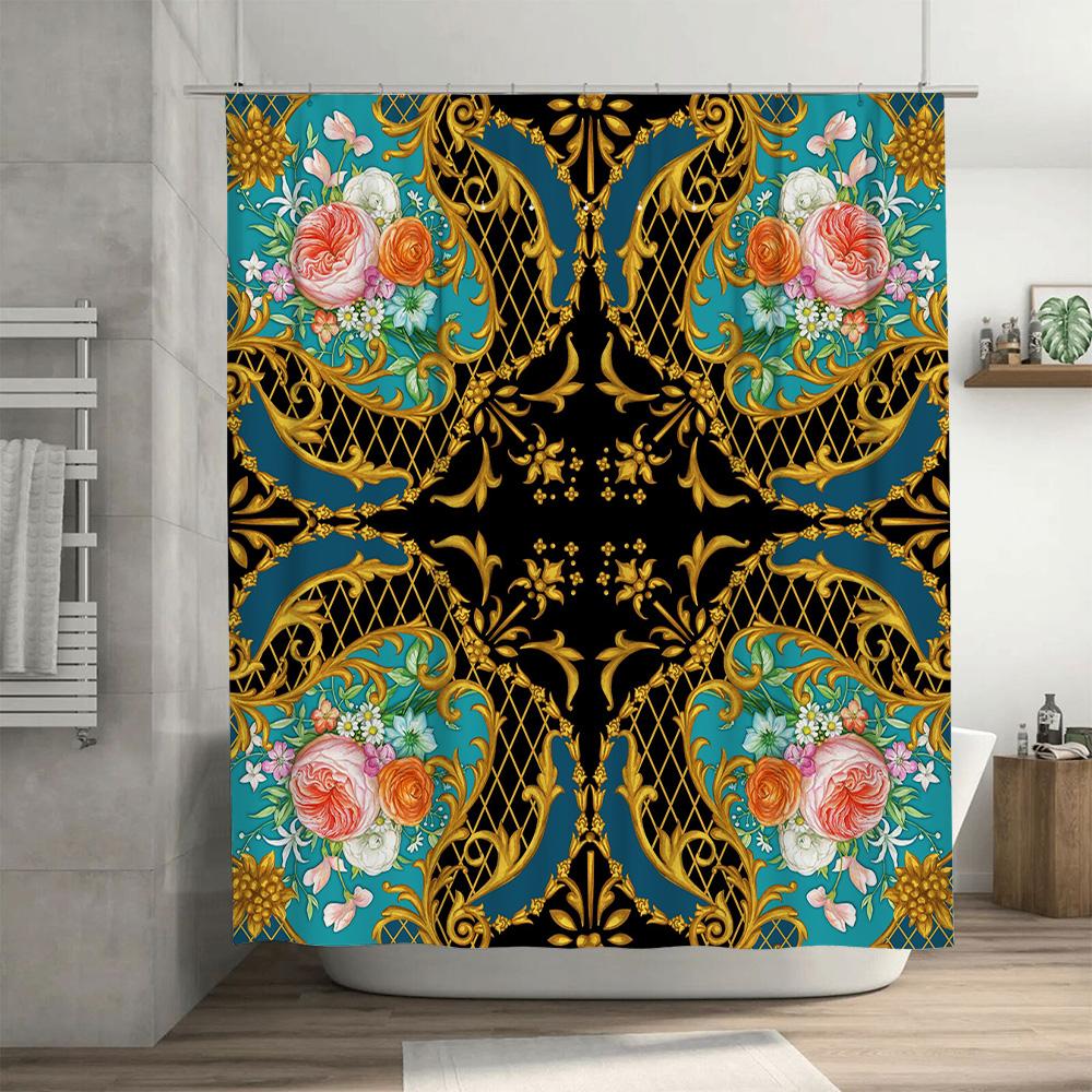 Vintage Baroque Floral Printed Shower Curtain for Bathroom Decor Black Background with Gold Trim.