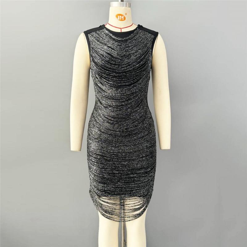 New bandage dress fringed sexy evening dress nightclub party hip wrap elegant temperament sleeveless women's clothing